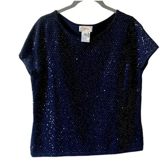 Talbots Beaded Sequin Short Sleeve Merino Wool Sweater Top Black Size L Party - Picture 1 of 5